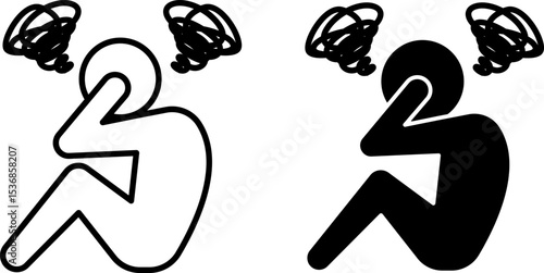 Mental Illness Icons. Black and White Vector Illustration. Man Sitting Holding His Head With Hands. Depression, Mental Disorder, Panic Attacks, Schizophrenia. Disability Concept