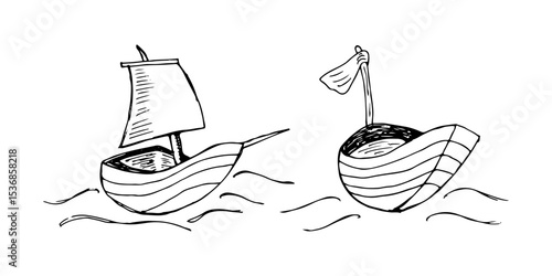 Wooden boats with sails on waves doodle cartoon hand-drawn vector logo ship.