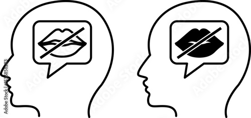 Speech Impaired Icons. Black and White Vector Illustrations. Human Head and Mouth. Speech Impairment That Prevents a Person from Speaking. Disability Concept