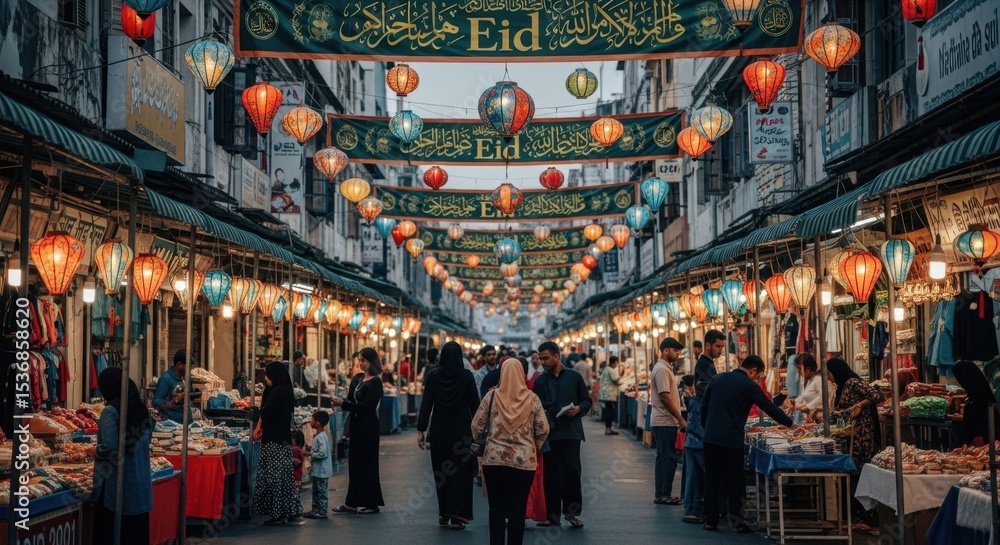 Fototapeta premium Bustling eid bazaar with colorful lanterns and multicultural shoppers