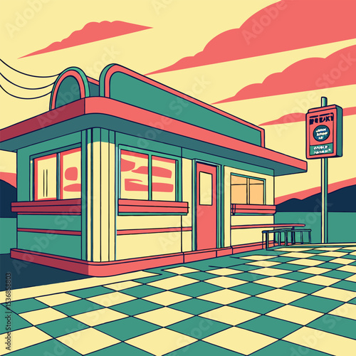 Retro Diner Illustration  A Classic 50s Style Roadside Eatery