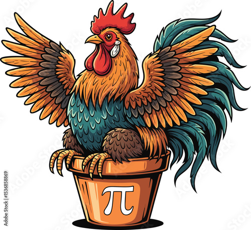 Colorful Rooster in Orange Pot with Pi Symbol chicken