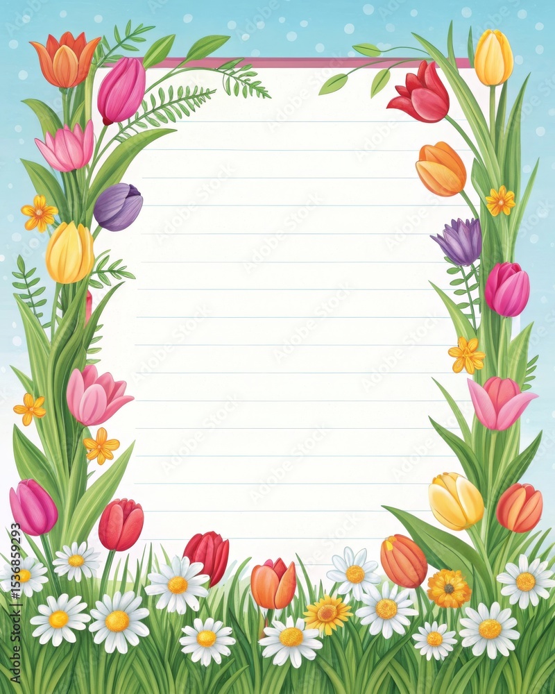 Obraz premium Spring garden flowers frame, colorful tulips and daisies.