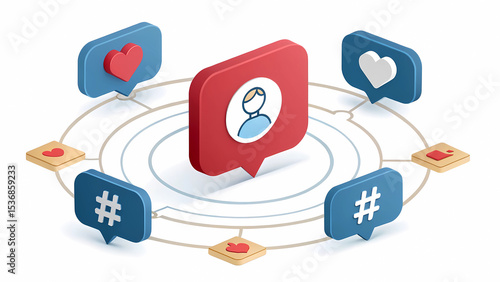 Social media network connection concept with profile like and hashtag isometric illustration vector