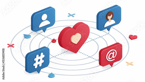 Social media marketing strategy and communication network with heart and user engagement isometric concept