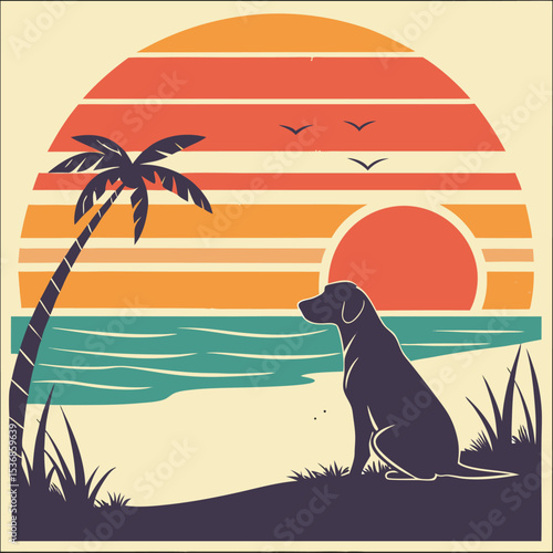 Retro Sunset Beach Dog A Vintage Illustration of Canine Relaxation