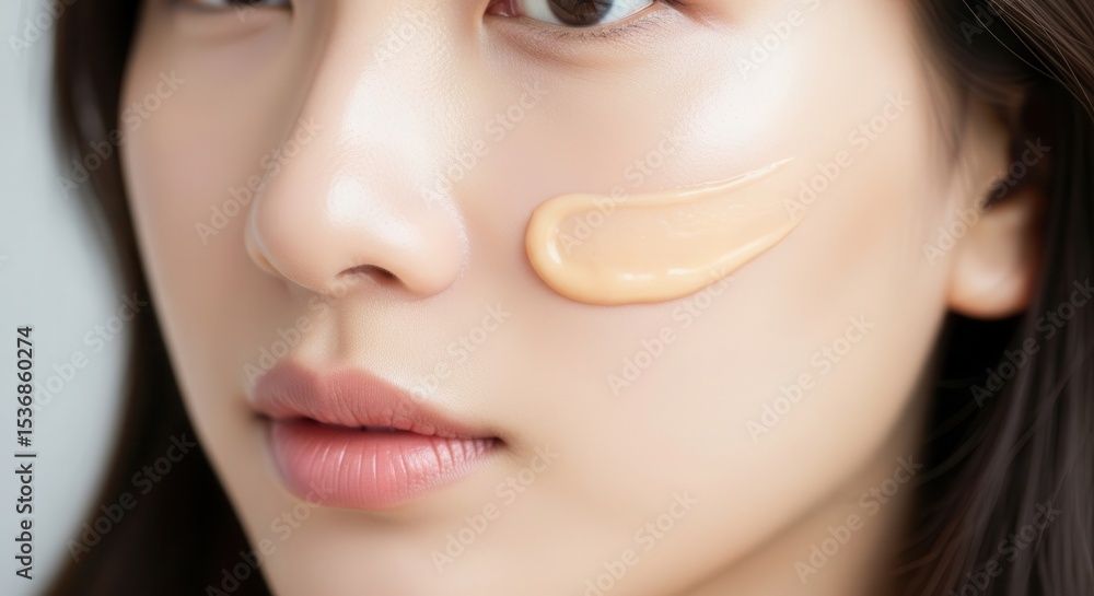 Fototapeta premium Woman applying foundation on skin for natural beauty look