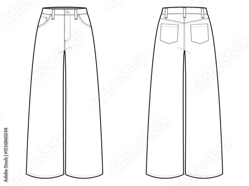 High Waist Wide Leg Jeans- Flat Vector Illustration-Front and Back View- Technical Illustration- CAD Mock-up 
