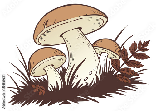 Illustration of porcini mushrooms in grass with leaves for foraging and culinary design vector
