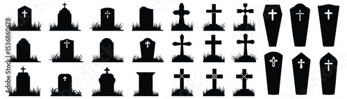 Cemetery tombstones crosses collection in black. Vector illustration