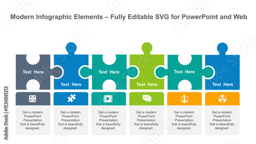Six Puzzle Piece Infographic Template for PowerPoint Presentations. Fully editable vector SVG file compatible with PowerPoint, Illustrator, and most vector-based applications.