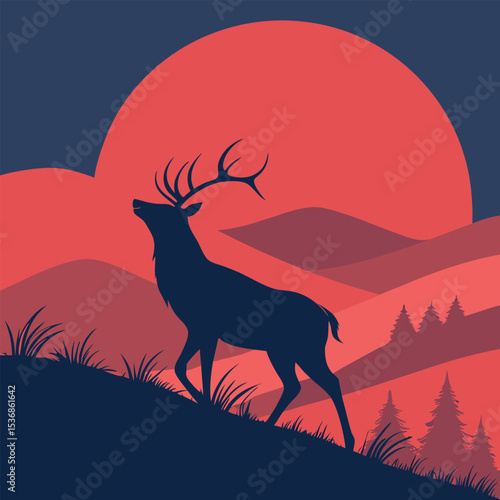 Majestic Deer Silhouette at Sunset A Serene Mountain Landscape Illustration