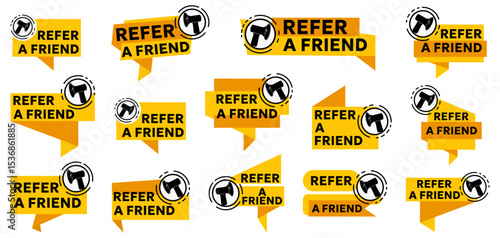 Refer a friend badges with megaphone. Vector illustration