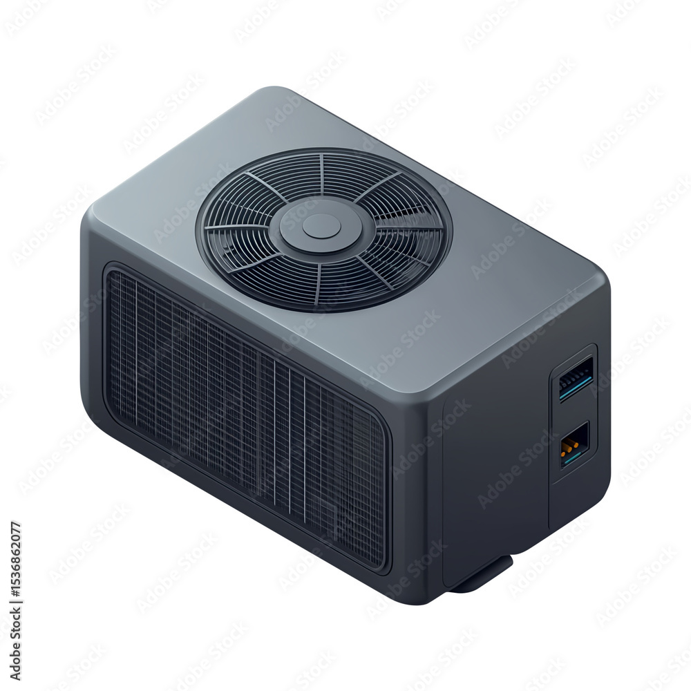Fototapeta premium Modern heat pump, energy efficient device, 3D isometric view, home appliance, cooling system, HVAC technology, compact design, isolated on fully transparent png background