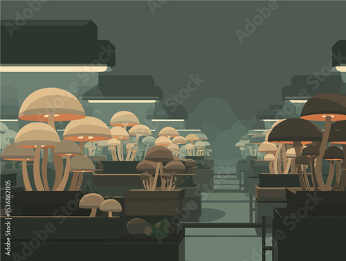 Modern mushroom cultivation facility with organized growing systems and atmospheric lighting - perfect for sustainable agriculture, biotechnology, and organic farming concepts
