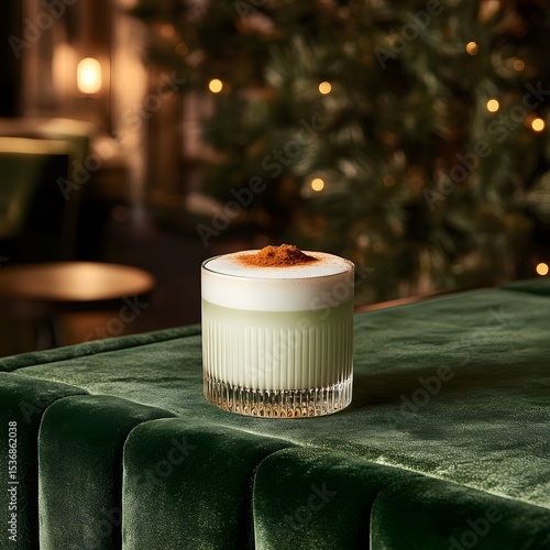 Delicious Matcha Latte with Cinnamon on Green Velvet