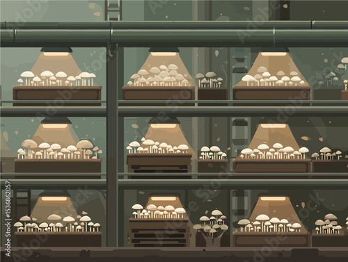 Modern mushroom cultivation facility with organized growing systems and atmospheric lighting - perfect for sustainable agriculture, biotechnology, and organic farming concepts