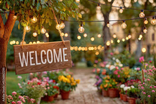Welcome sign hanging from tree with string lights illuminating a vibrant garden pathway
