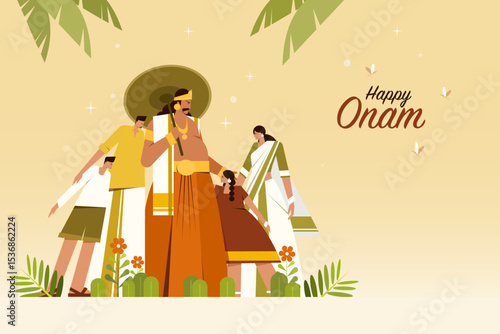 Mythological king 'Mahabali' standing with a happy family. Concept of Onam festival in Kerala