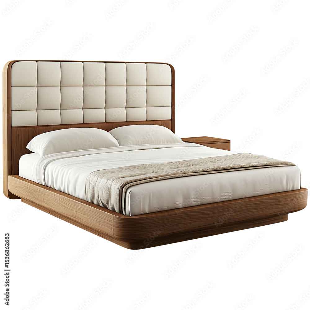 Fototapeta premium Modern solid wood double bed with leather headboard, white and brown color scheme, isolated PNG white background