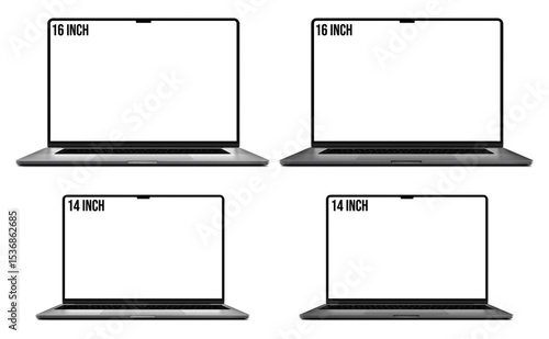 Set of Laptops with a modern frameless blank screen - 14 and 16 inches in black and silver color, isolated on a transparent background. Ultra-high-detail photorealistic EPS 10 vector format.