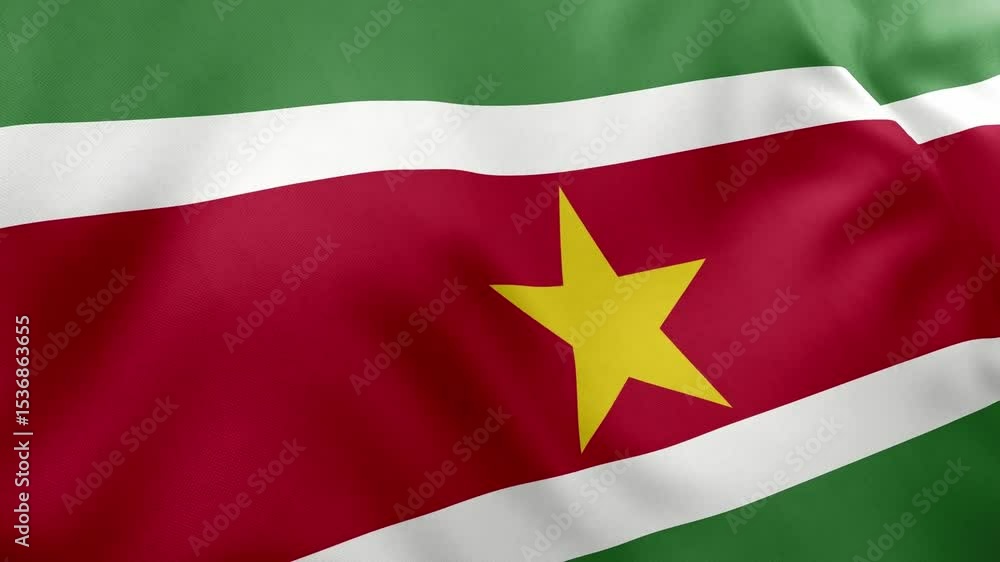 Realistic animation of Surinamese national flag waving. Green white red stripes yellow star. Seamless loop for national pride themes Suriname Realistic animation of Surinamese national flag waving. Green white red stripes yellow star. Seamless loop for national pride themes Suriname