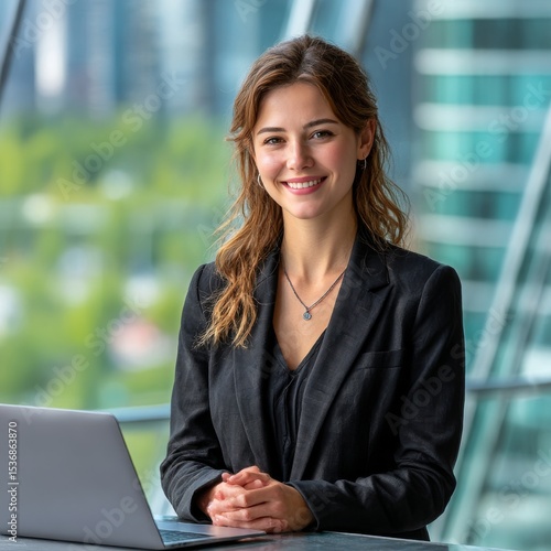 A portrait of an attractive business woman wearing black suit standing in front on her desk with laptop, she is smiling and looking at the camera, modern office space background, large window showing 