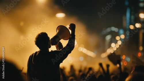 Person Using a Megaphone at a Protest in an Urban Night Scene