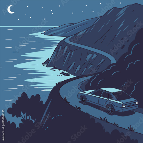 Night Drive Coastal Highway Serene Oceanside Road Trip Illustration