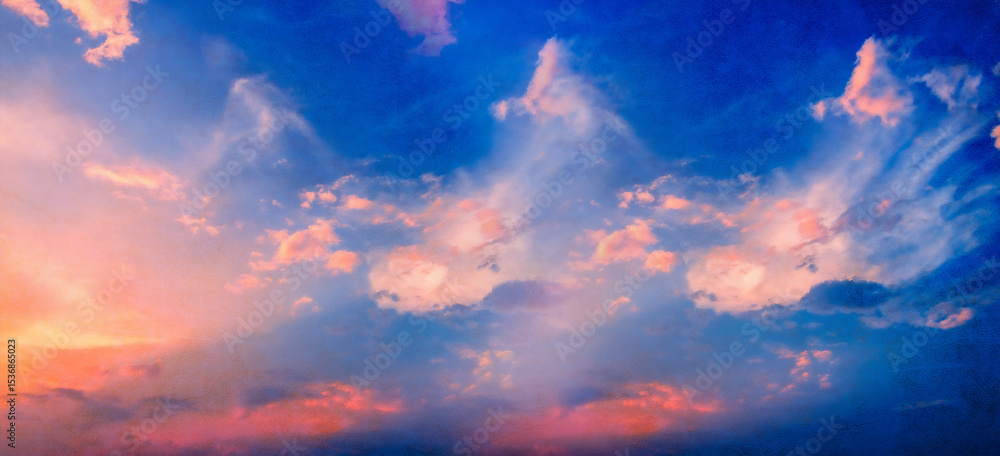 Obraz premium Sky with colorful clouds at sunset . Awesome sunset and soft pink clouds of pastel tones. Image template of textured sky. Gorgeous photo wallpaper. Dramatic evening light and fiery orange sunset