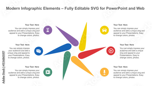 Six Segment Radial Infographic Template with Icons for PowerPoint. Fully editable vector SVG file compatible with PowerPoint, Illustrator, and most vector-based applications.
