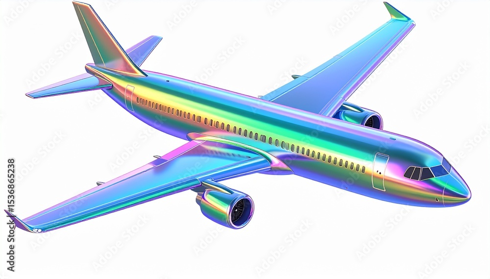 Fototapeta premium airplane holographic Iridescent d render icon isolated on white background. AI Generate