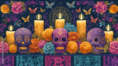 Vibrant Day of the Dead altar with sugar skulls, marigolds, candles and butterflies on dark background - perfect Halloween and Dia de los Muertos design