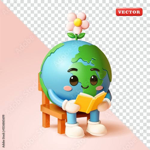 Earth is reading a book, 3d vector. Suitable for design elements