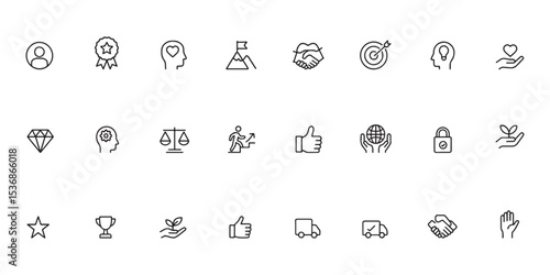 Minimalist Single Line Core Values Icons Set – Vector Silhouette Symbol Collection