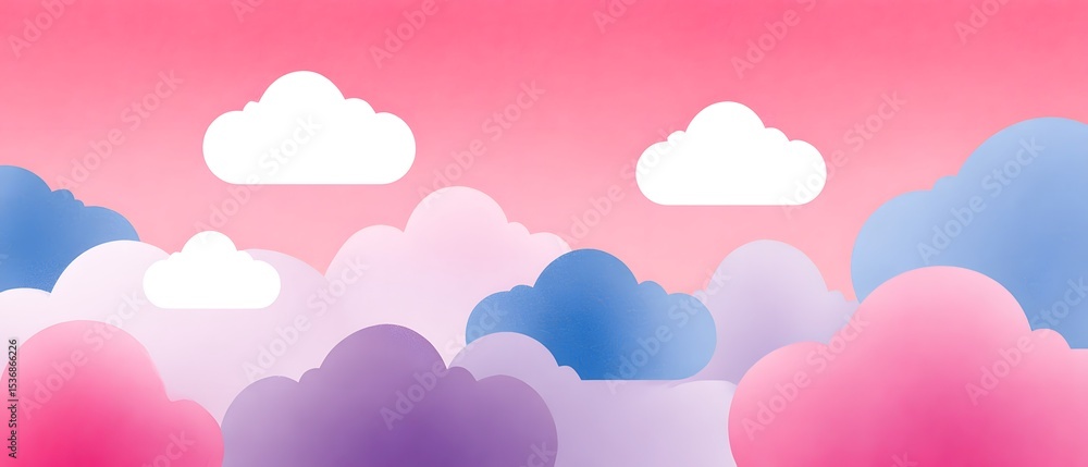 Obraz premium Colorful stylized clouds in shades of pink, purple, and blue float against a pink sky with white clouds scattered throughout.