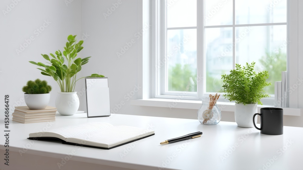 Fototapeta premium Modern minimalistic workspace with plants, notebook, and window view