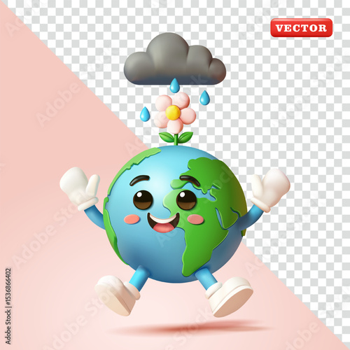 Happy earth with rain, 3d vector. Suitable for design elements