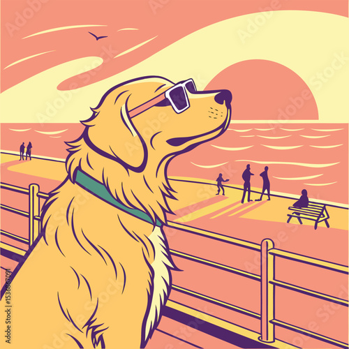 Golden Retriever Sunset Beach Vibes Cool Dog at the Seashore