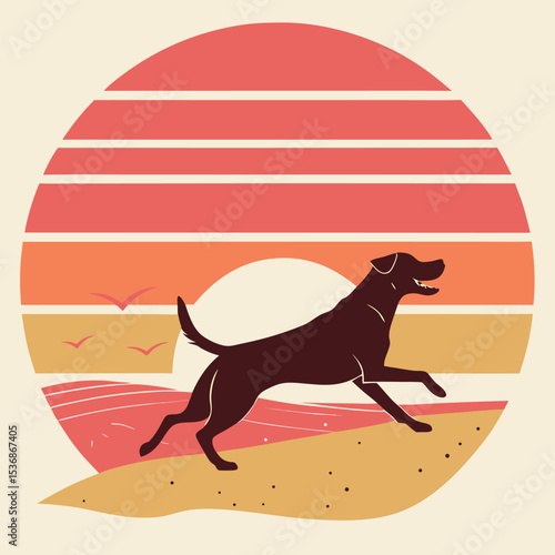 Retro Sunset Labrador Retriever Running on the Beach Vintage Dog Art Print