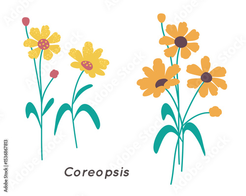 Coreopsis Wildflower Minimalist Floral Illustration. Trendy Botanical Vector Art.