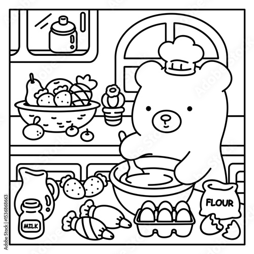 Little Bear is diligently making a cake, easy coloring for kids, vector, illustration, coloring book, coloring page, cozy, cute, bold, comfy