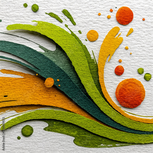 Abstract painting on textured paper featuring bright colorful circles and expressive black ink splashes. Modern artistic composition with dynamic contrasts and tactile surface
