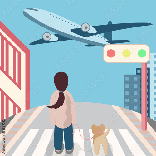 City life scene with airplane flying across a crosswalk. Free life. Pet dog.