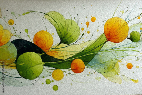 Abstract painting on textured paper featuring bright colorful circles and expressive black ink splashes. Modern artistic composition with dynamic contrasts and tactile surface