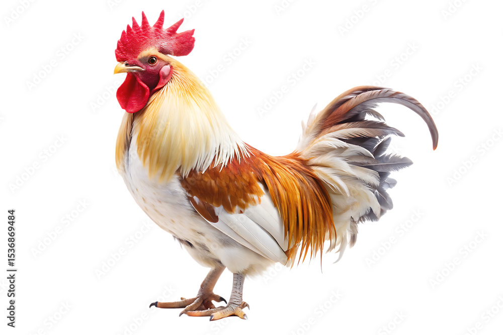 Red crested rooster with orange brown and white plumage standing profile view isolated on a transparent background Red crested rooster with orange brown and white plumage standing profile view isolated on a transparent background