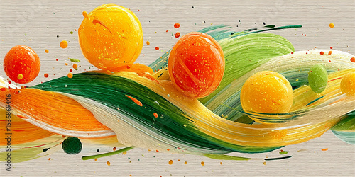 Abstract painting on textured paper featuring bright colorful circles and expressive black ink splashes. Modern artistic composition with dynamic contrasts and tactile surface