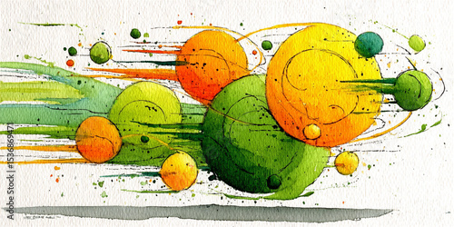 Abstract painting on textured paper featuring bright colorful circles and expressive black ink splashes. Modern artistic composition with dynamic contrasts and tactile surface