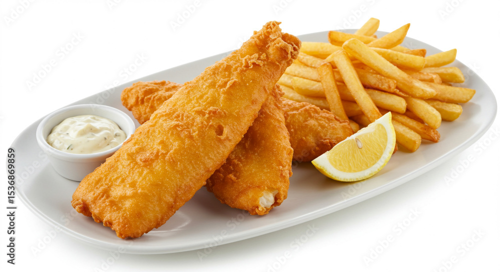 Classic Fish and Chips with Tartar Sauce and Lemon Isolated Classic Fish and Chips with Tartar Sauce and Lemon Isolated
