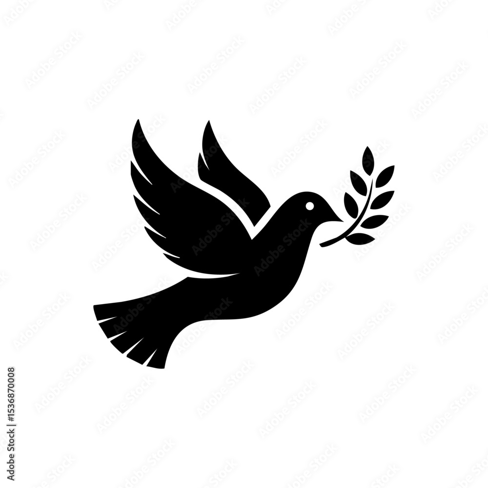 Fototapeta premium Minimalist peace dove vector logo holding an olive branch in flight, symbolizing harmony and reconciliation.